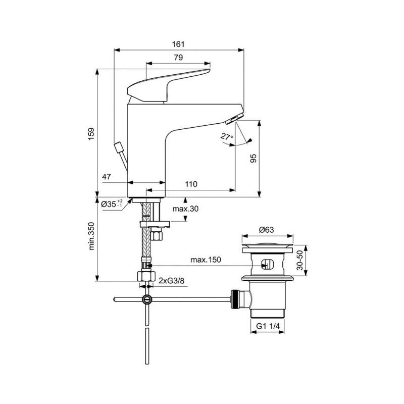 Baterie lavoar, Ideal Standard, Ceraflex Grande, cu ventil, crom lucios - imagine 6