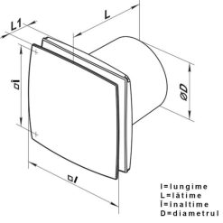dimensiuni Ventilator axial, Julien Stile, Vents 125 LDA, aspiratie tangentiala, grila patrata, diametru 125 mm, 167 mc:h